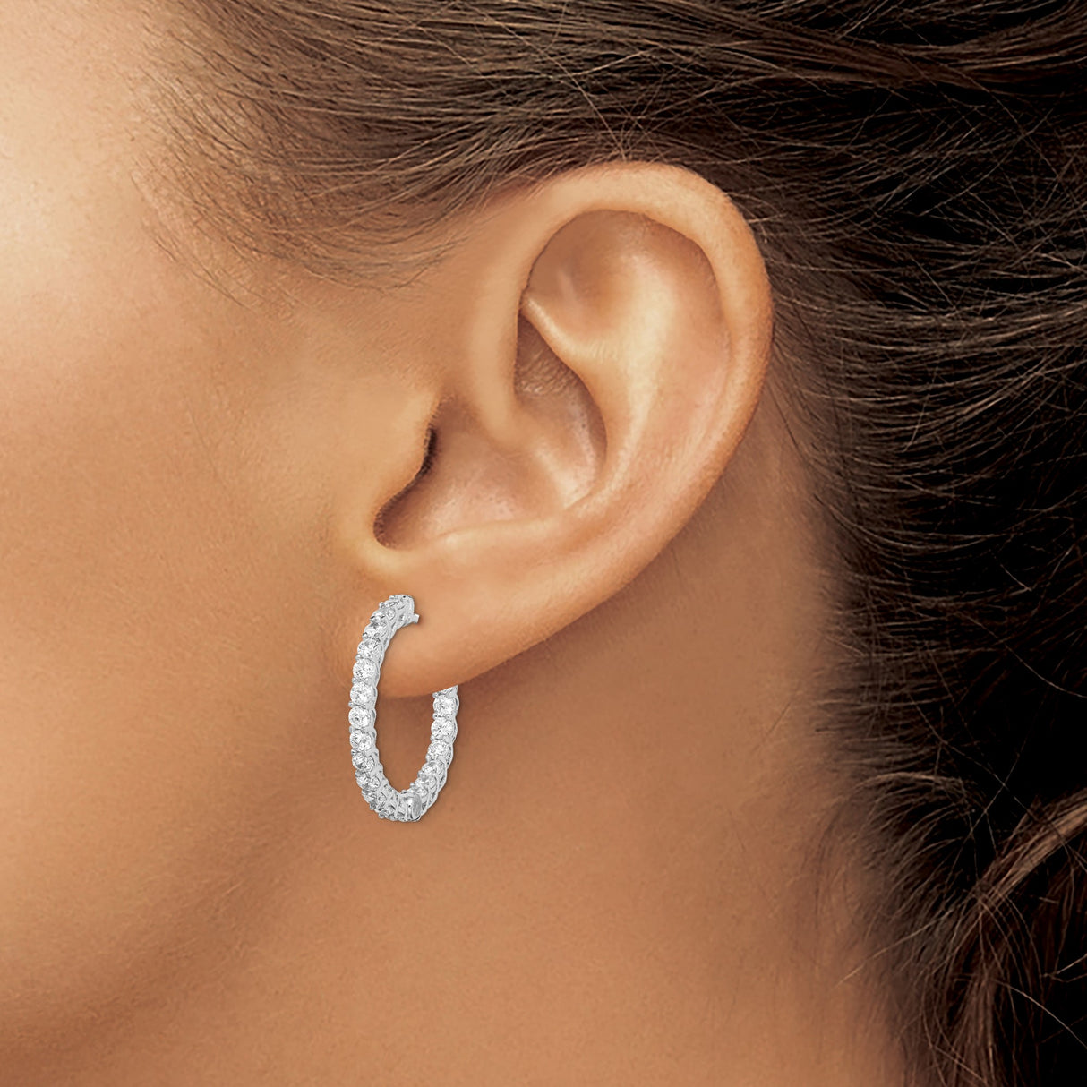 Sterling Silver Hoop Earrings with Round Cut Cubic Zirconia and Lattice Detail