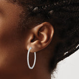 Sterling Silver Hoop Earrings with Round Cut Cubic Zirconia, Filigree Sides, Lightweight Design