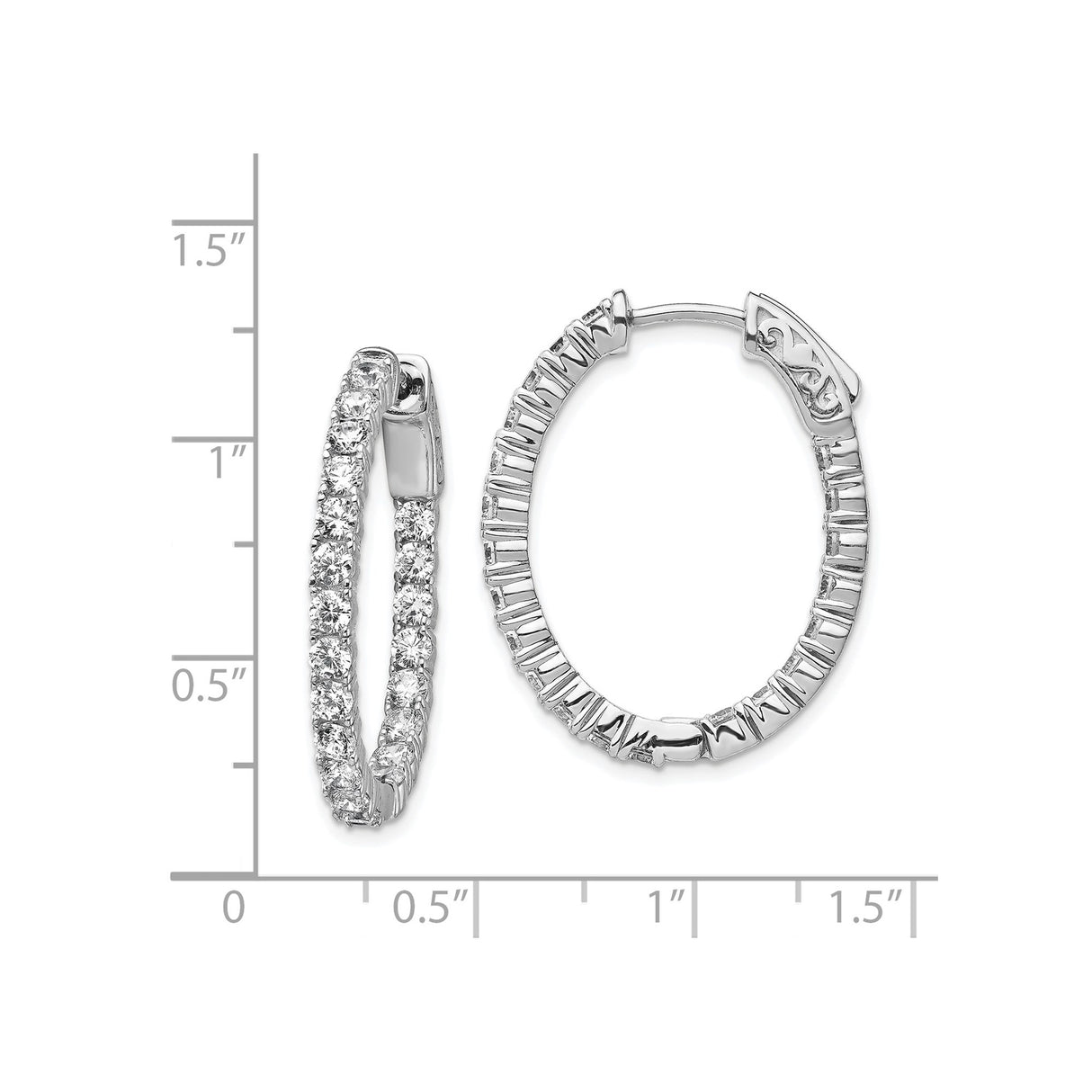 Sterling Silver Hoop Earrings with Cubic Zirconia, Oval Front-Facing Textured Design