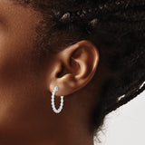 Sterling Silver Hoop Earrings with Dual Row Cubic Zirconia, Inner Detailing, High Polish Finish