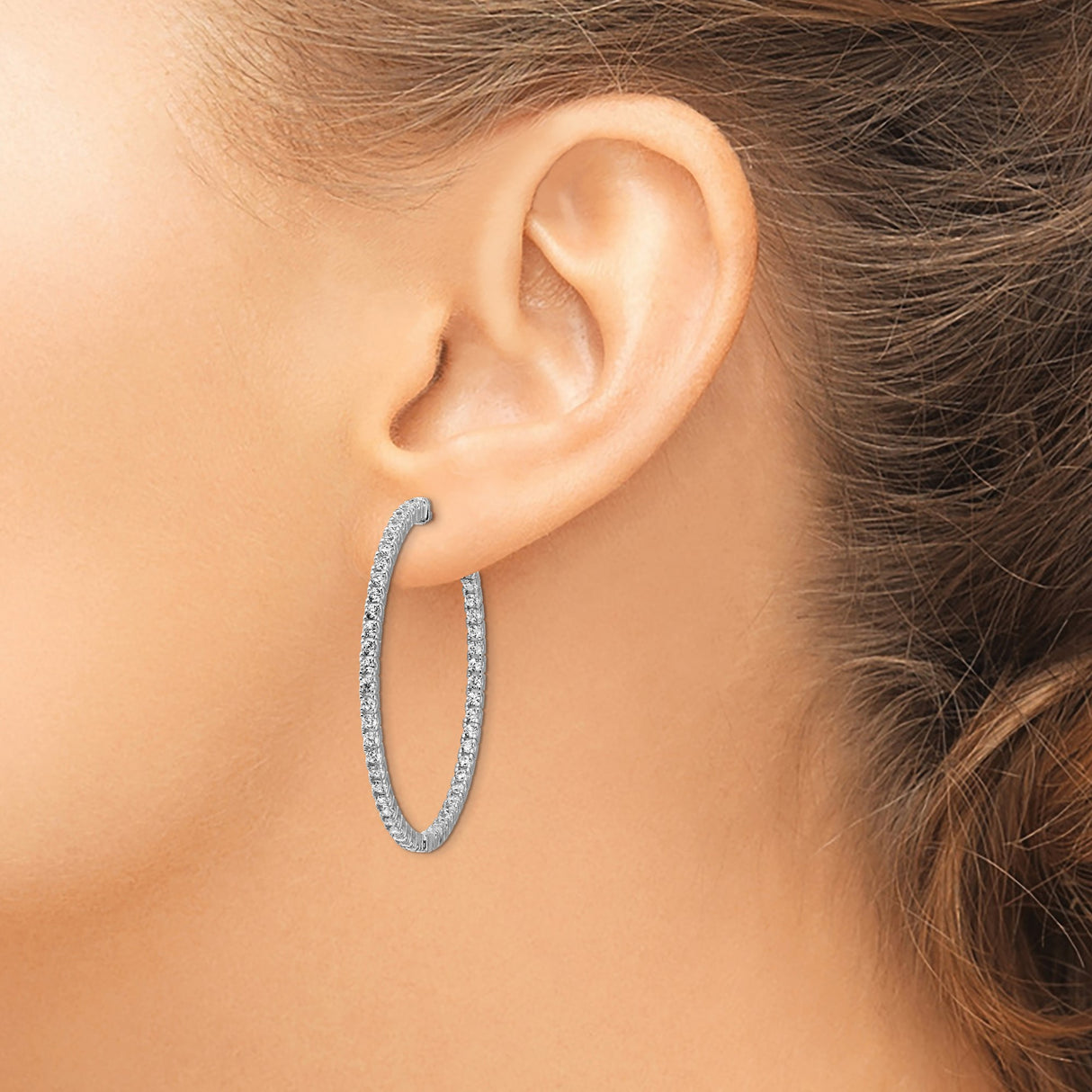 Sterling Silver Hoop Earrings with Cubic Zirconia, In-Out Round Design, 1 Inch