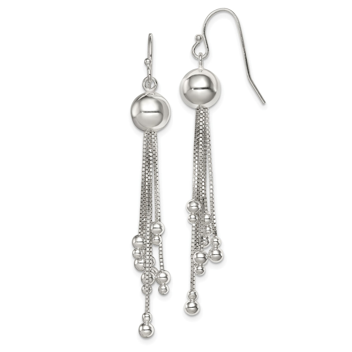 Sterling Silver Dangle Earrings with Polished Round Beads and Cascading Box Chains