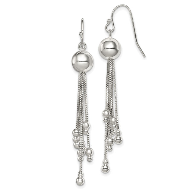 Sterling Silver Dangle Earrings with Polished Round Beads and Cascading Box Chains