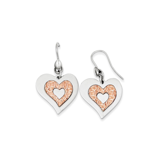 Sterling Silver Heart Drop Earrings with Rose Gold Textured Cutout Design for Women