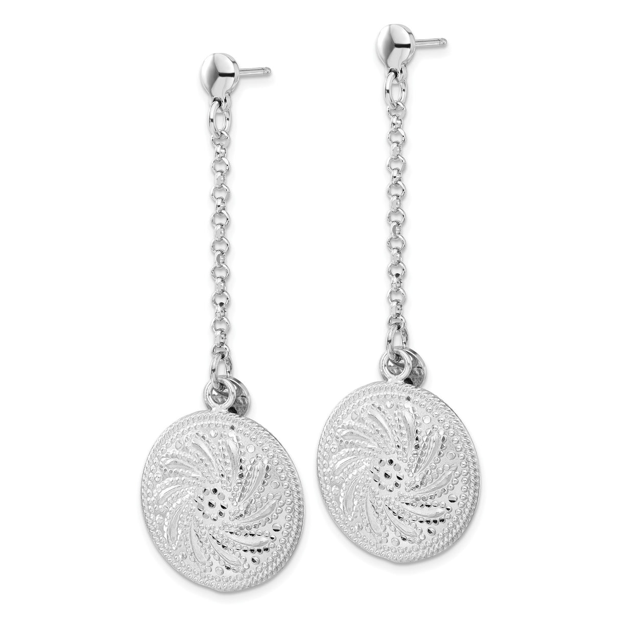 Sterling Silver Dangle Earrings with Textured Swirl Disc and Chain Drop Design