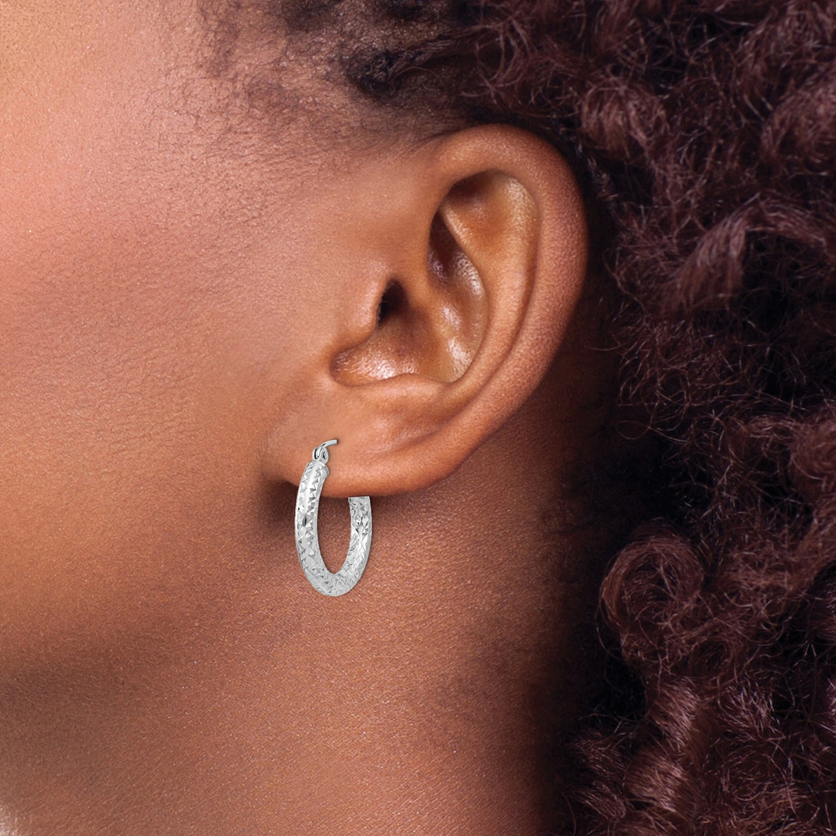 Sterling Silver Hoop Earrings with Textured Diamond Cut Design, Lightweight Hinged Back Hoops
