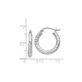 Sterling Silver Hoop Earrings with Textured Diamond Cut Design, Lightweight Hinged Back Hoops