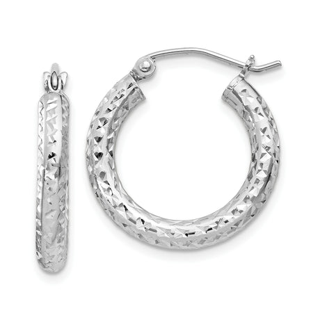 Sterling Silver Hoop Earrings with Textured Diamond Cut Design, Lightweight Hinged Back Hoops