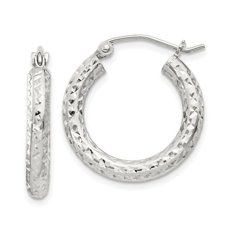 Sterling Silver Hoop Earrings, Diamond-Cut Textured Round Hoops with High-Shine Finish