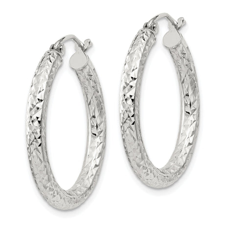 Sterling Silver Hoop Earrings, Textured Diamond Cut Round Hoops, Lightweight Classic Design