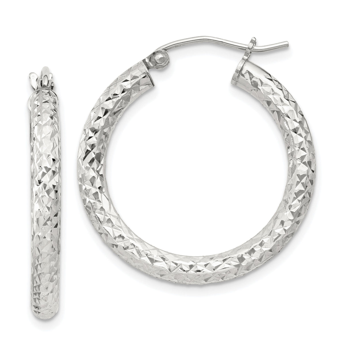 Sterling Silver Hoop Earrings, Textured Diamond Cut Round Hoops, Lightweight Classic Design