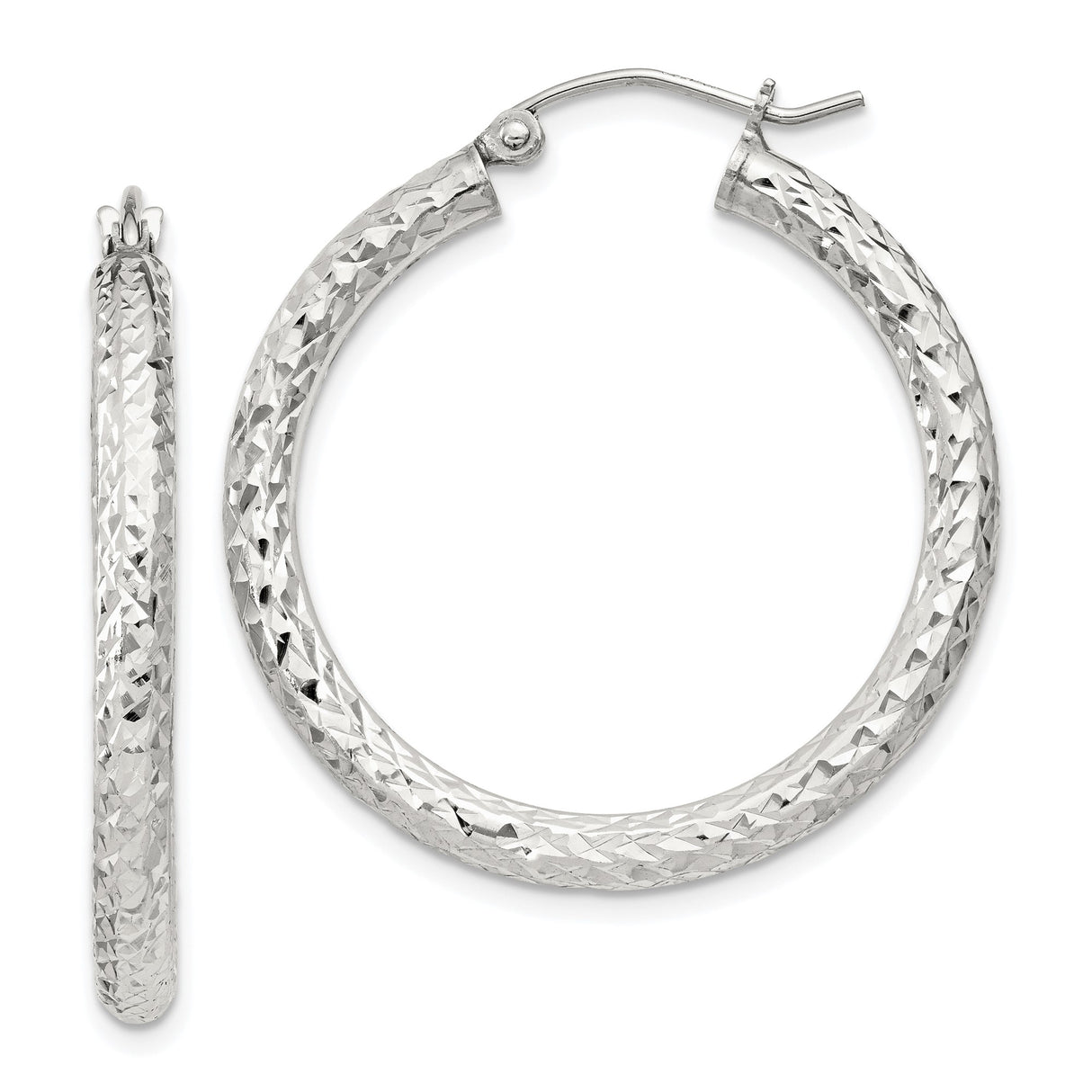 Sterling Silver Hoop Earrings, Diamond Cut Textured Round Hoops with High Polish Finish