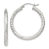 Sterling Silver Hoop Earrings, Diamond Cut Textured Round Hoops with High Polish Finish