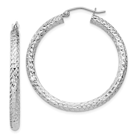 Sterling Silver Hoop Earrings, Diamond Cut Textured Round Hoops with Hinged Backs