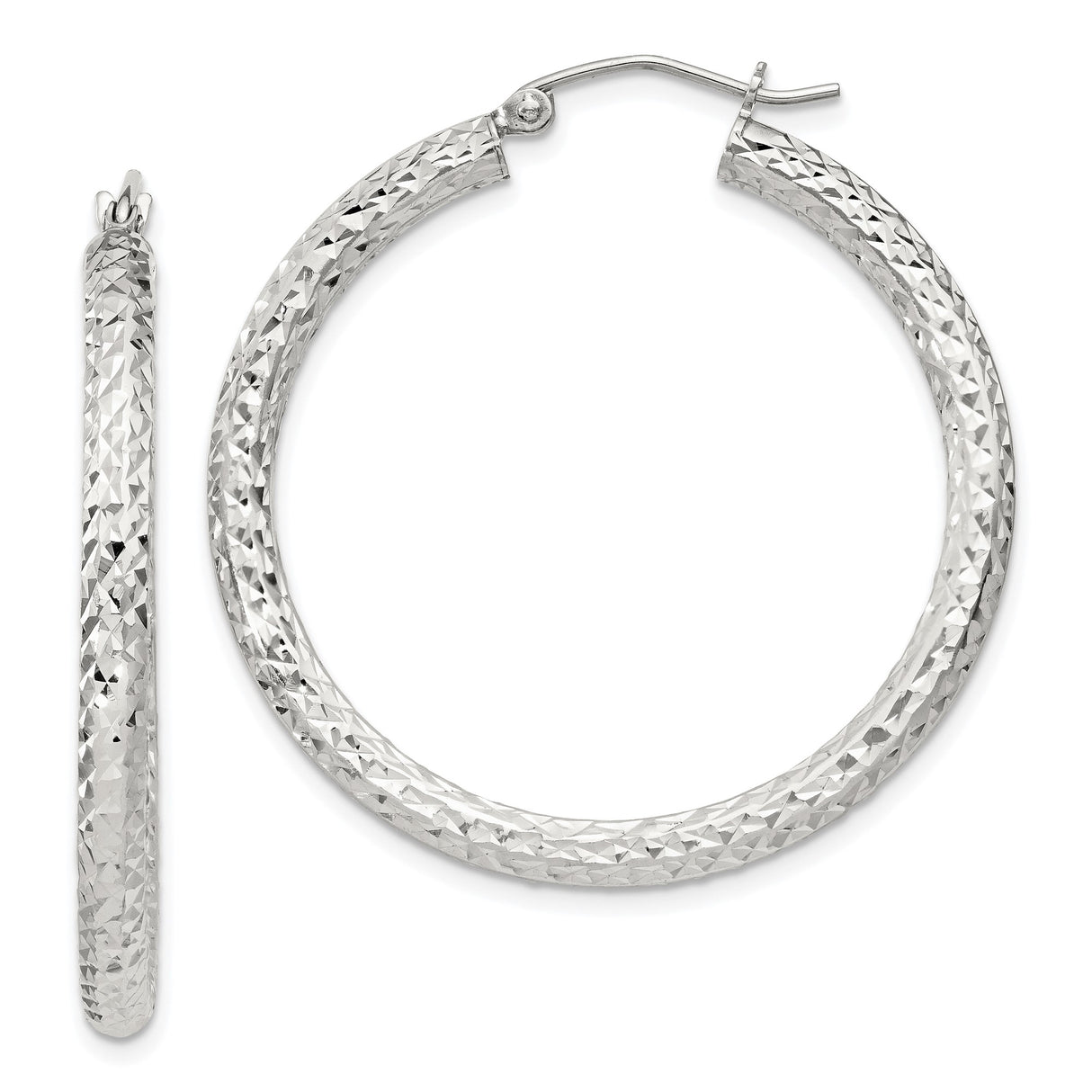 Sterling Silver Hoop Earrings, Diamond Cut Textured Hoops with Latch Back Closure
