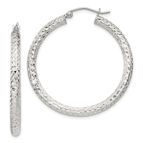 Sterling Silver Hoop Earrings, Diamond Cut Textured Hoops with Latch Back Closure