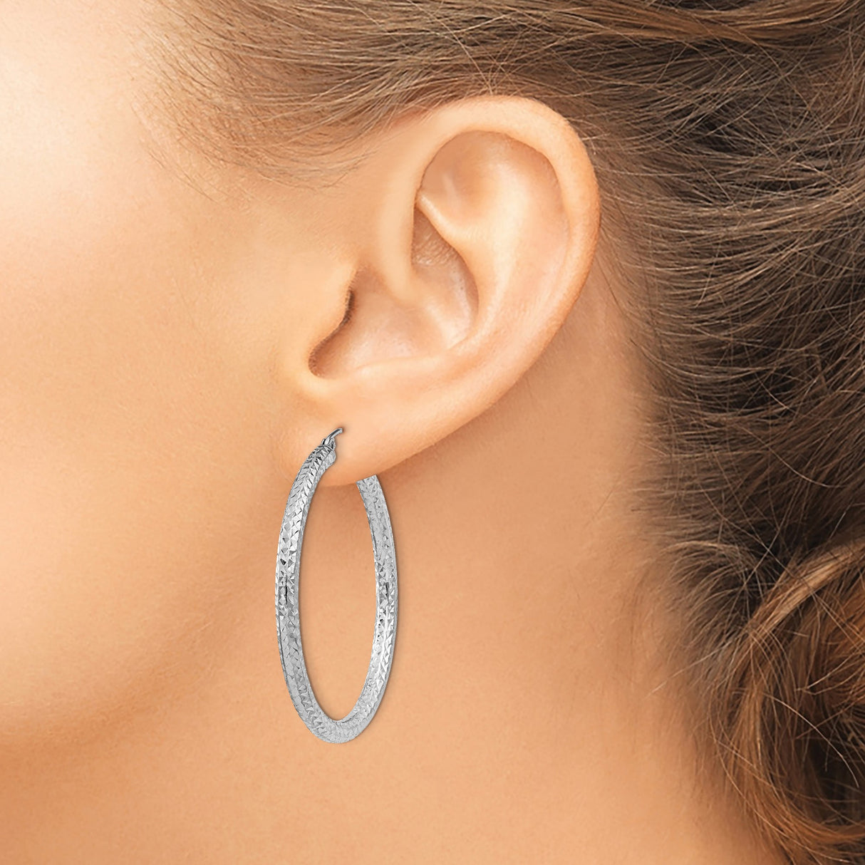 Sterling Silver Hoop Earrings, Diamond Cut Textured Circular Hoops with Latch Back Closure