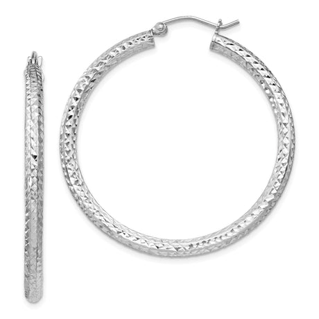 Sterling Silver Hoop Earrings, Diamond Cut Textured Circular Hoops with Latch Back Closure