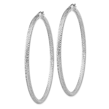 Sterling Silver Large Hoop Earrings, Textured Diamond-Cut Circular Design, Hinged Closure