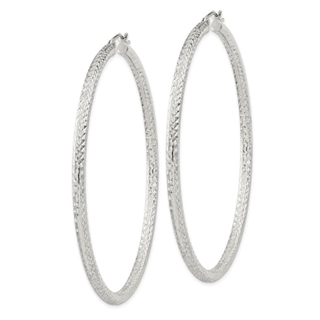 Sterling Silver Hoop Earrings with Textured Diamond Cut Finish, Large Lightweight Design for Women