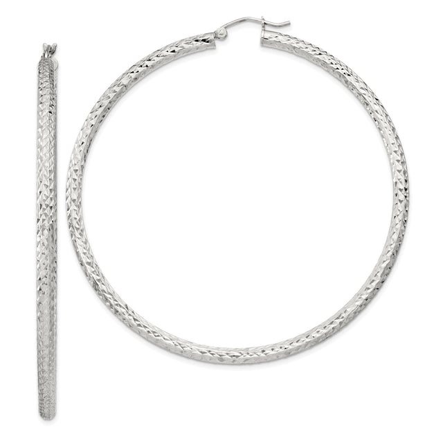 Sterling Silver Hoop Earrings with Textured Diamond Cut Finish, Large Lightweight Design for Women