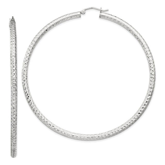 Sterling Silver Hoop Earrings, Large Diamond-Cut Textured Lightweight Design