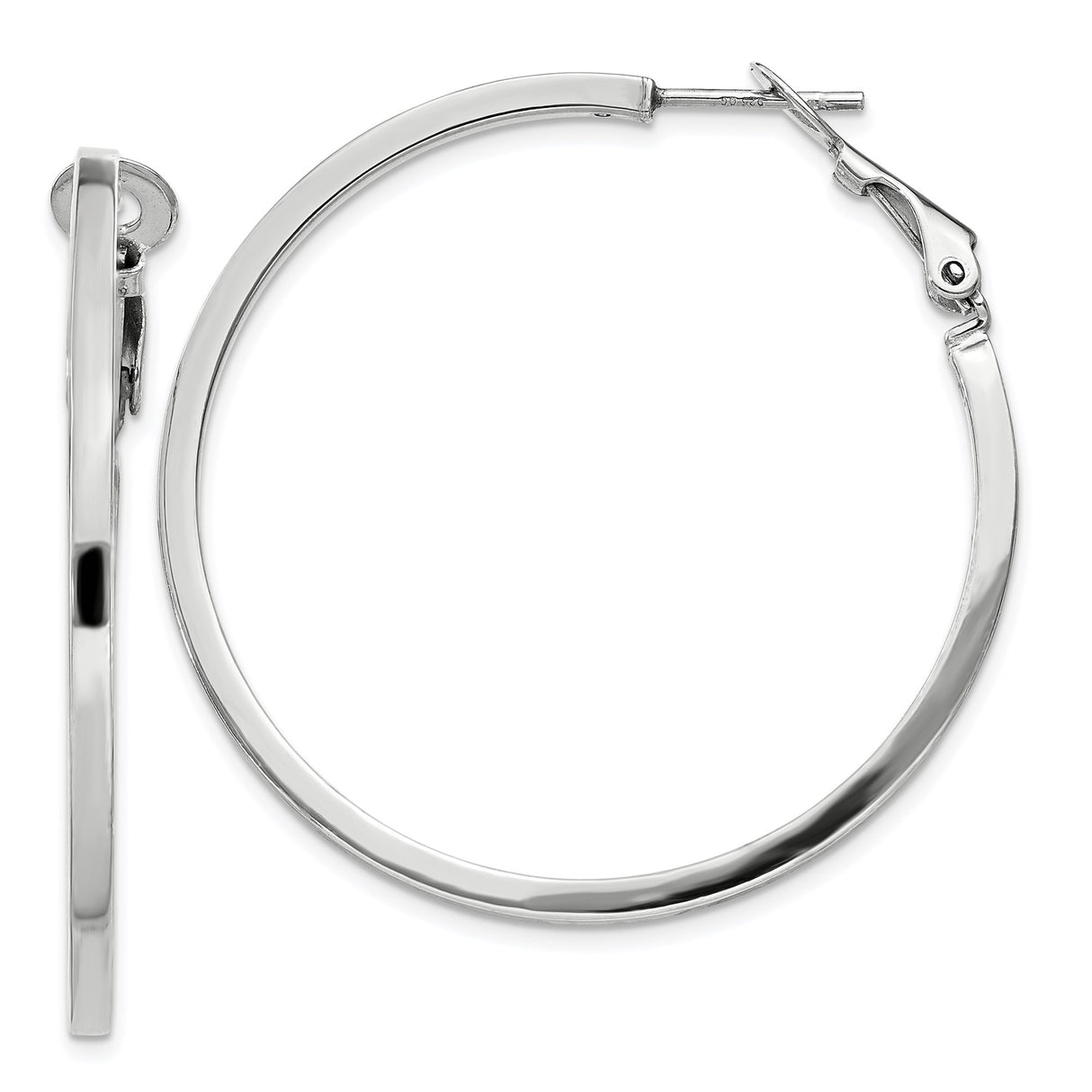 Sterling Silver Hoop Earrings, Polished Round Latch Back, Rhodium Plated Minimalist Design