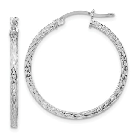Sterling Silver Hoop Earrings, Diamond Cut Textured Medium Round Lightweight Design