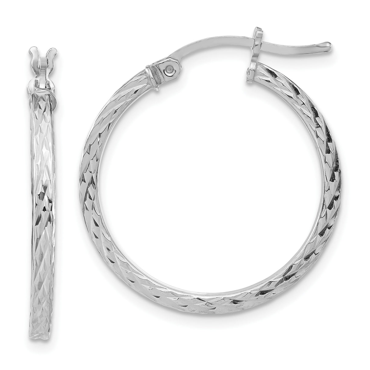 Sterling Silver Hoop Earrings, Diamond Cut Textured Square Tube, Lightweight Classic Design