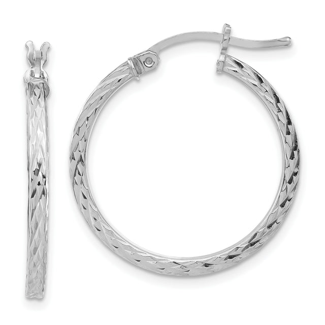 Sterling Silver Hoop Earrings, Diamond Cut Textured Square Tube, Lightweight Classic Design