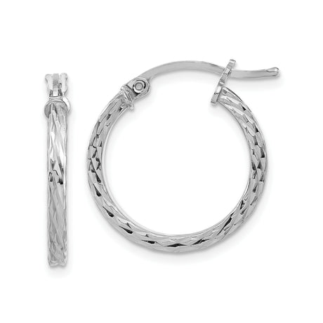 Sterling Silver Hoop Earrings, Diamond Cut Textured Finish, Medium Lightweight Square Tube Design