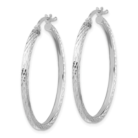 Sterling Silver Hoop Earrings, Textured Diamond-Cut Round Design with Polished Finish