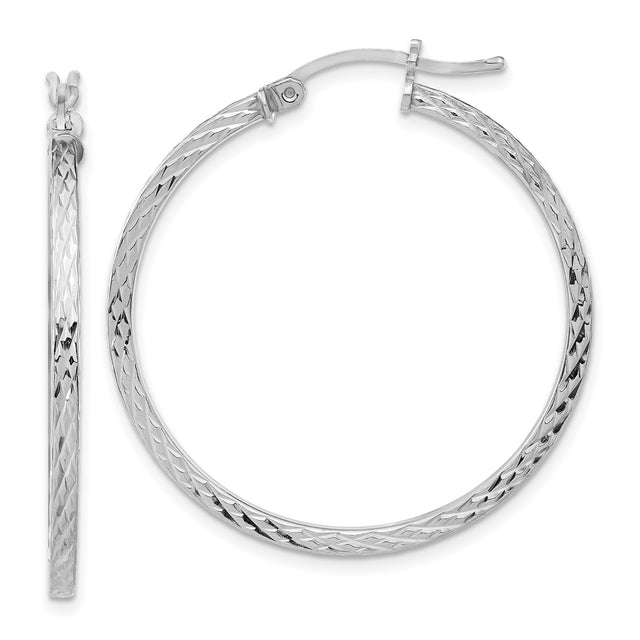 Sterling Silver Hoop Earrings, Textured Diamond-Cut Round Design with Polished Finish