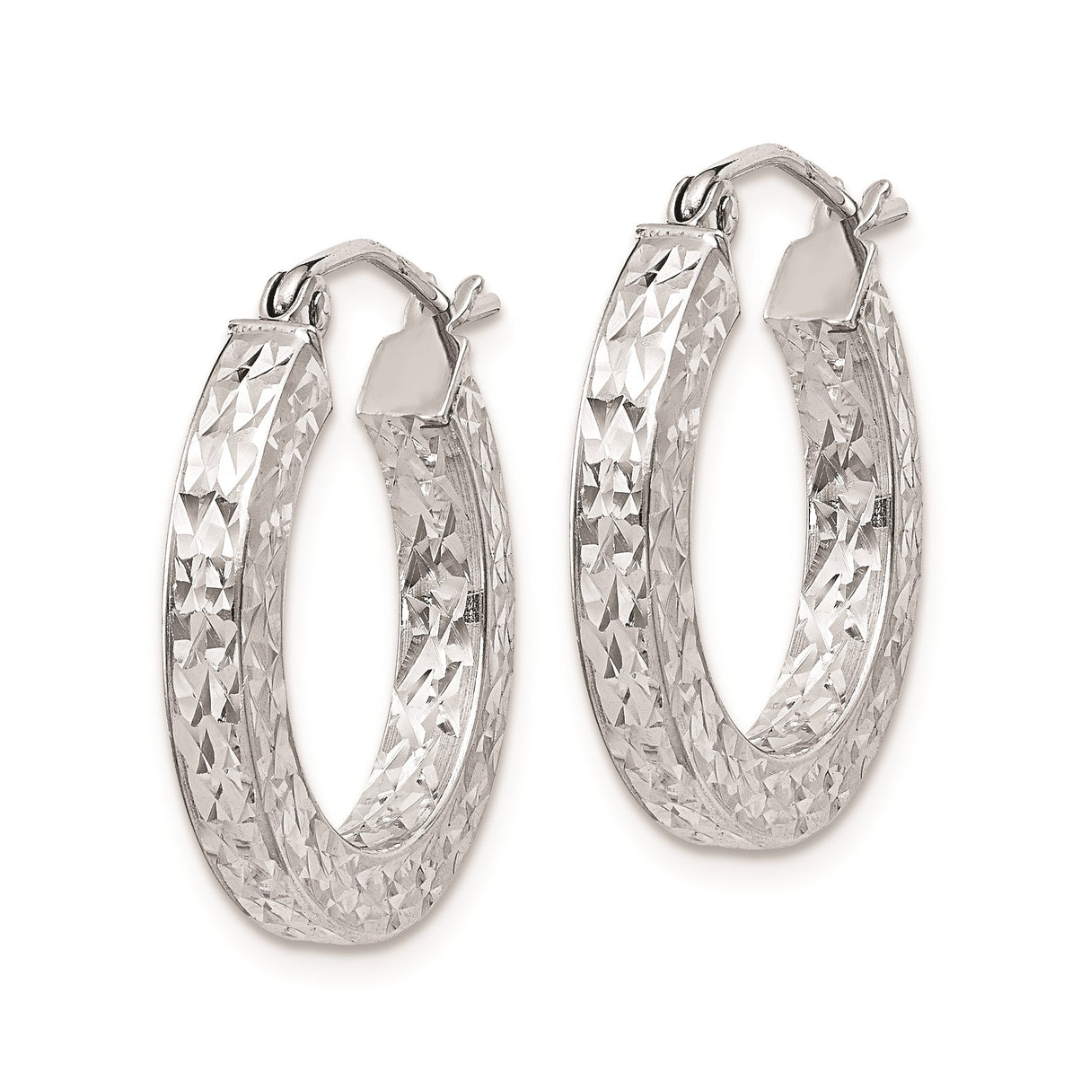 Sterling Silver Hoop Earrings, Textured Diamond Cut Square Hoops, Lightweight Rhodium Plated Finish