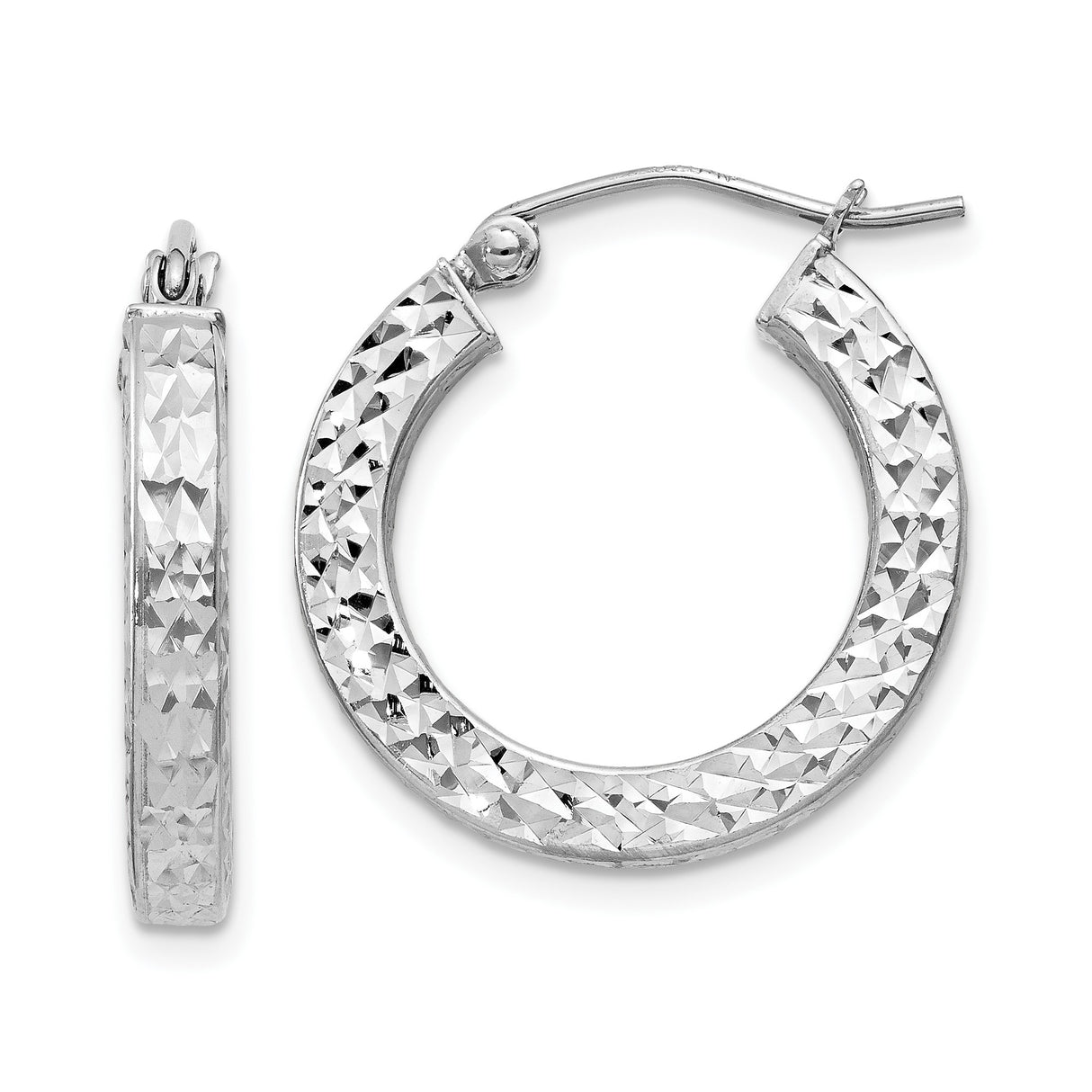 Sterling Silver Hoop Earrings, Textured Diamond Cut Square Hoops, Lightweight Rhodium Plated Finish