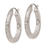 Sterling Silver Hoop Earrings with Diamond Cut Texture, Rhodium Plated Round Design