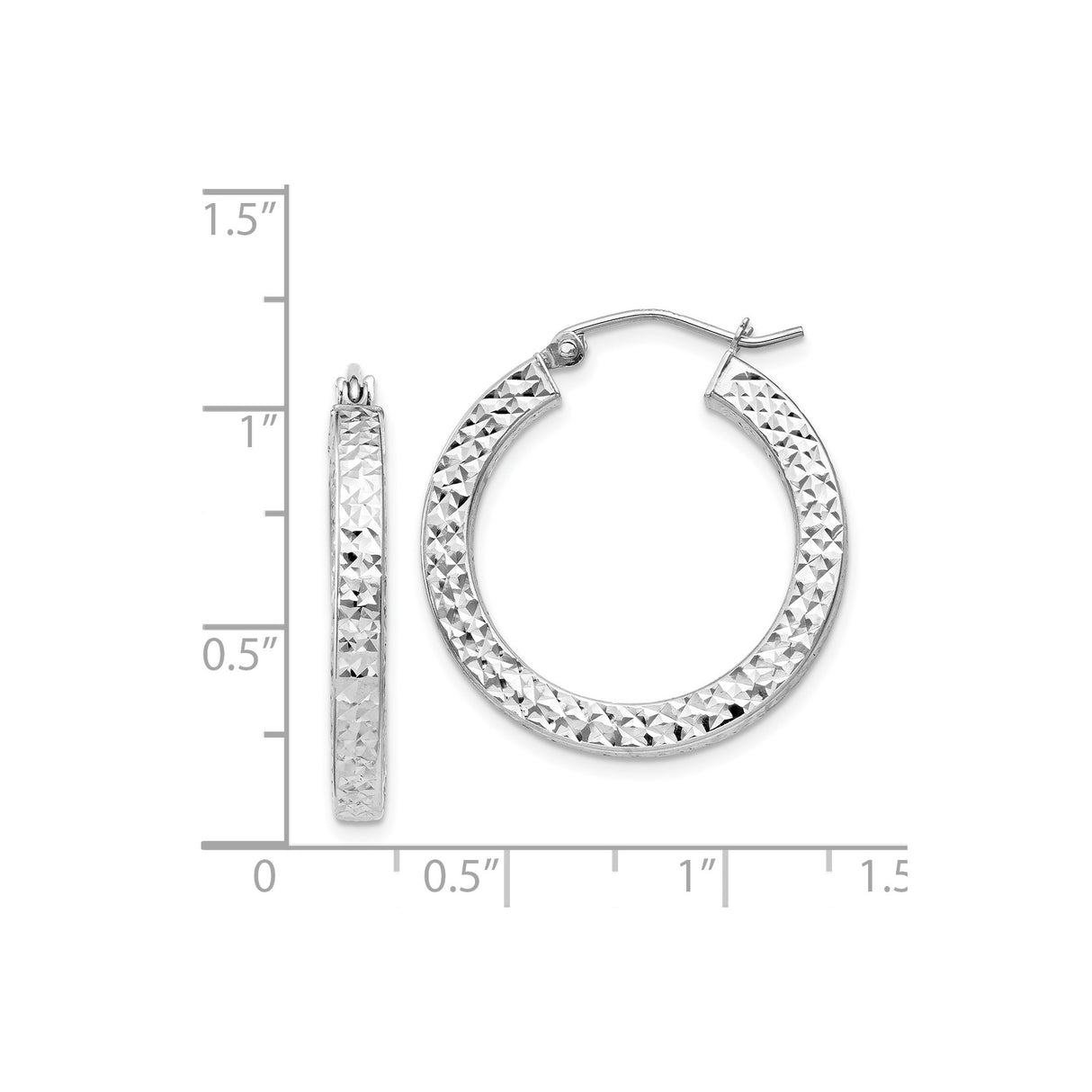 Sterling Silver Hoop Earrings with Diamond Cut Texture, Rhodium Plated Round Design
