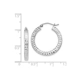 Sterling Silver Hoop Earrings with Diamond Cut Texture, Rhodium Plated Round Design