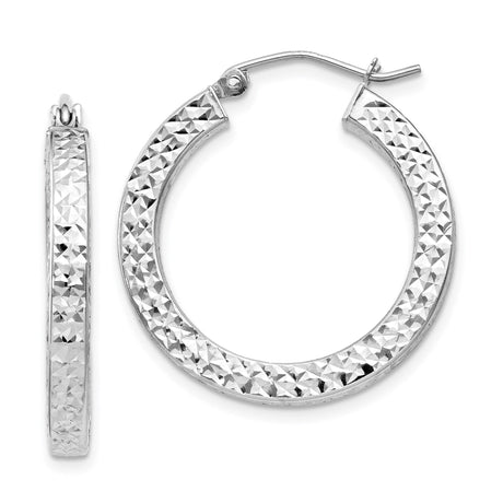 Sterling Silver Hoop Earrings with Diamond Cut Texture, Rhodium Plated Round Design