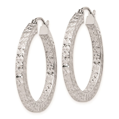 Sterling Silver Hoop Earrings, Diamond Cut Textured Mirror Finish, Lightweight Hinged Design