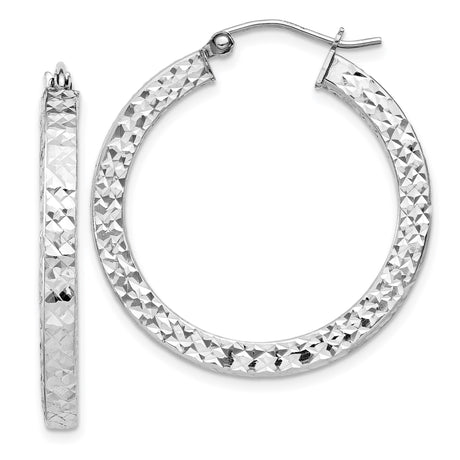 Sterling Silver Hoop Earrings, Diamond Cut Textured Mirror Finish, Lightweight Hinged Design