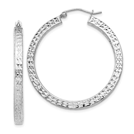 Sterling Silver Hoop Earrings, Diamond Cut Textured Round Hoops with Faceted Surface