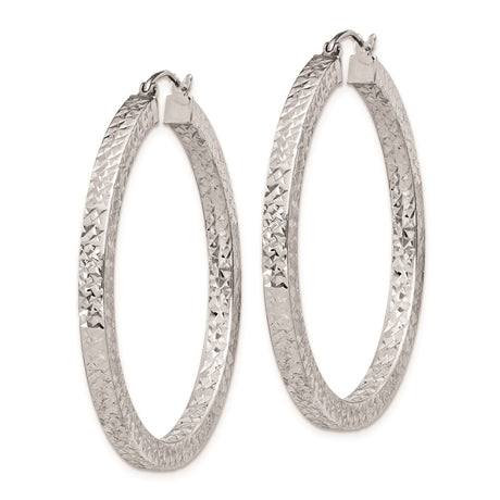 Sterling Silver Hoop Earrings, Large Textured Diamond Cut Rhodium Plated Polished Hoops