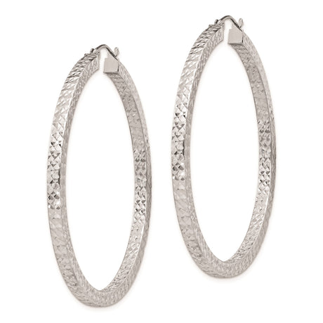 Sterling Silver Hoop Earrings, Large Faceted Diamond Cut Textured Design with Latchback Closure