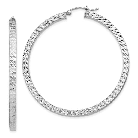 Sterling Silver Hoop Earrings, Large Faceted Diamond Cut Textured Design with Latchback Closure