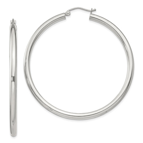 Sterling Silver Large Hoop Earrings, Classic Round Tube Design, Polished Finish, Lightweight Style