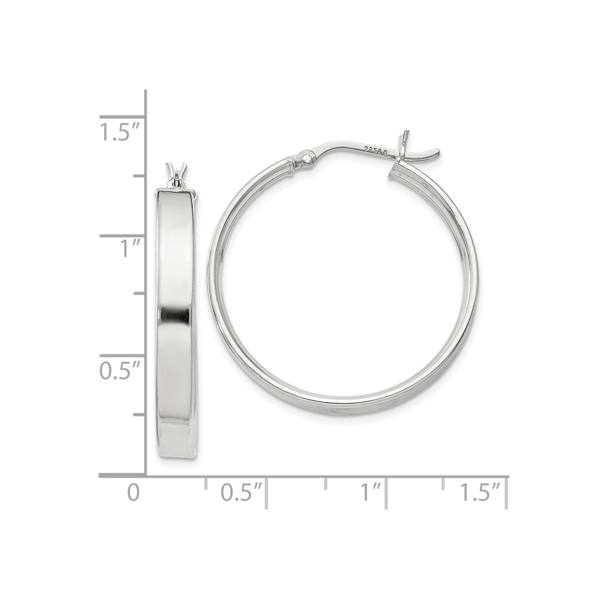 Sterling Silver Hoop Earrings, High Polish Round Hoops with Latch Back Closure