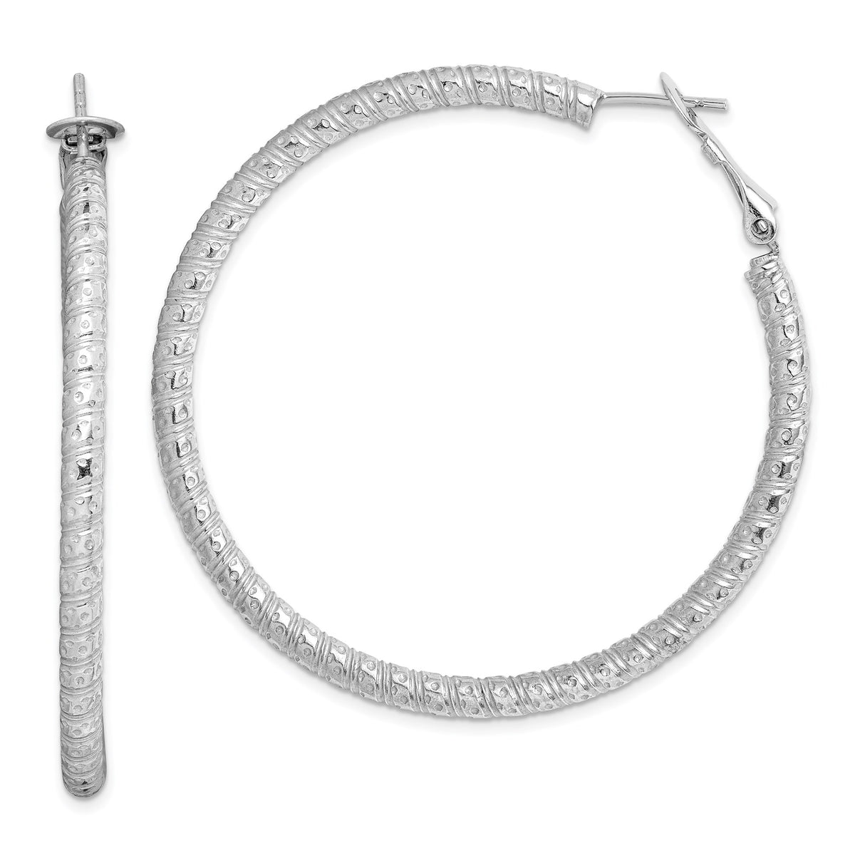 Sterling Silver Hoop Earrings with Etched Swirl Design and Polished Finish