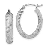 Sterling Silver Oval Hoop Earrings with Etched Herringbone Pattern, Rhodium Plated, Polished Finish