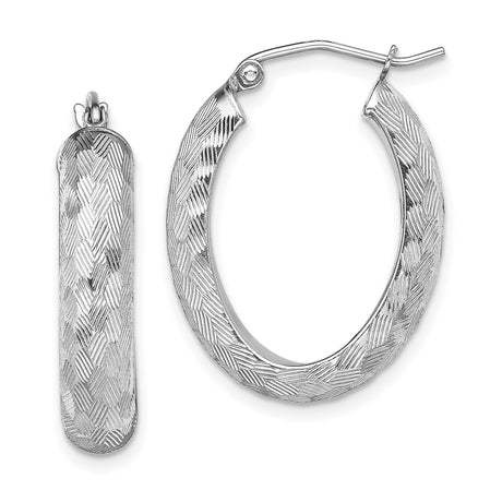 Sterling Silver Oval Hoop Earrings with Etched Herringbone Pattern, Rhodium Plated, Polished Finish